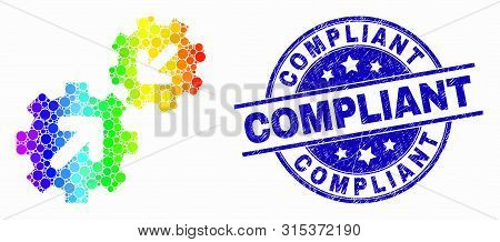 Pixel Bright Spectral Integration Gears Mosaic Pictogram And Compliant Seal Stamp. Blue Vector Round