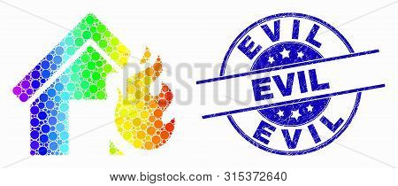 Pixel Bright Spectral House Fire Disaster Mosaic Icon And Evil Seal Stamp. Blue Vector Rounded Distr