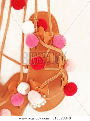 Greek Leather Sandals For Girls With Colorful Pom Pom - Gladiator Sandals - Kids Shoes Advertisement
