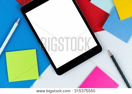 Tablet, E-book, Notes And Pencils Lies On Czech Flag. Mock Up, Copy Space, Pattern, Cardboard Textur