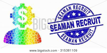 Pixelated Spectral Banker Gear Person Mosaic Pictogram And Seaman Recruit Seal Stamp. Blue Vector Ro