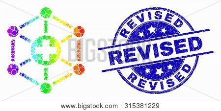 Dot Rainbow Gradiented Medical Links Mosaic Pictogram And Revised Seal Stamp. Blue Vector Round Dist