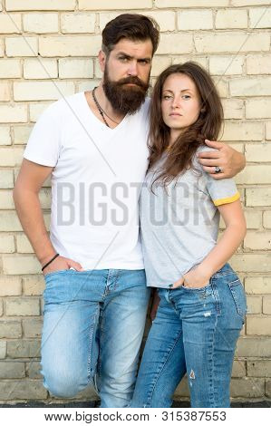 Lets Just Love Together. Couple Being In Love Relations Hugging On Brick Wall. Bearded Man And Sensu