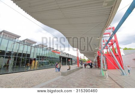 Paris France - May 26, 2019: Unidentified People Visit La Grande Halle De La Villette  Cultural Cent