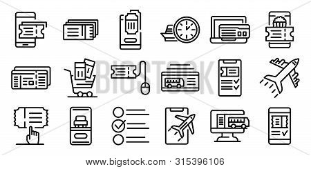 Online Tickets Booking Icons Set. Outline Set Of Online Tickets Booking Vector Icons For Web Design 