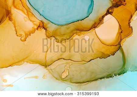 Apricot And Blue Watercolor Texture Background. Hand Drawn Abstract Brushstrokes, Azure Spot Backdro