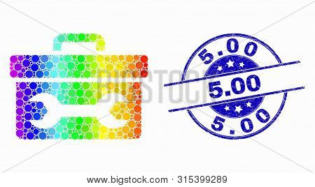 Dot Spectral Wrench Toolbox Mosaic Pictogram And 5.00 Seal Stamp. Blue Vector Rounded Grunge Seal St