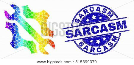 Pixel Rainbow Gradiented Repair Tools Mosaic Icon And Sarcasm Seal. Blue Vector Round Textured Seal 