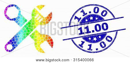 Pixel Spectrum Wrenches Mosaic Pictogram And 11.00 Seal Stamp. Blue Vector Rounded Scratched Stamp W