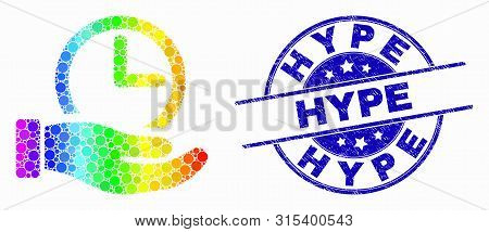 Pixel Bright Spectral Time Service Hand Mosaic Icon And Hype Seal Stamp. Blue Vector Round Distress 
