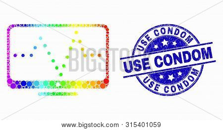 Pixelated Spectral Online Dotted Chart Mosaic Pictogram And Use Condom Seal Stamp. Blue Vector Round