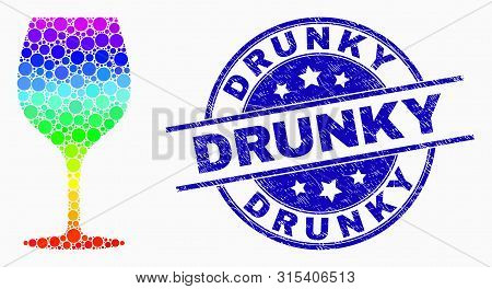 Pixelated Bright Spectral Wine Glass Mosaic Pictogram And Drunky Seal. Blue Vector Round Textured Se