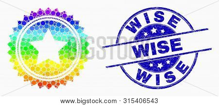 Pixel Spectral Star Seal Stamp Mosaic Icon And Wise Seal. Blue Vector Rounded Distress Seal Stamp Wi