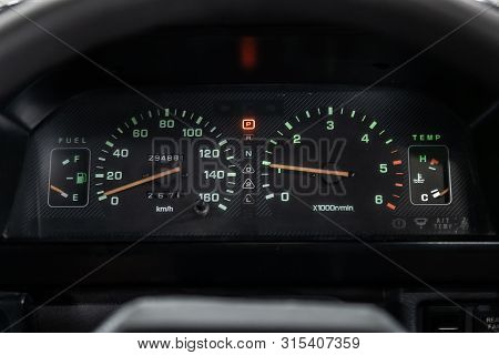 Novosibirsk, Russia - July 12, 2019:  Mitsubishi Delica, Modern Car Interior
Car Dashboard With Whit