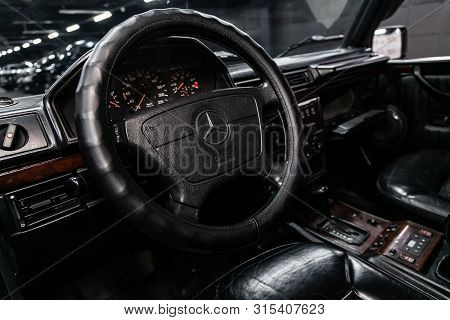 Novosibirsk, Russia - July 12, 2019:   Black Mercedes-benz G-class, Close-up Of The Dashboard, Speed