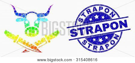 Pixelated Spectrum Cow Butchery Mosaic Icon And Strapon Seal Stamp. Blue Vector Rounded Textured Sea