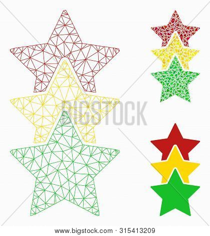 Mesh Rating Stars Model With Triangle Mosaic Icon. Wire Carcass Triangular Mesh Of Rating Stars. Vec