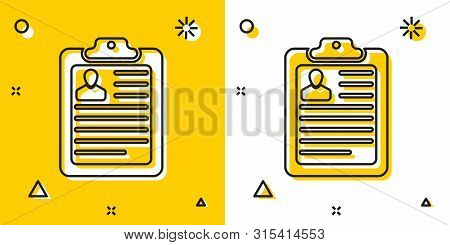 Black Clipboard With Resume Icon Isolated On Yellow And White Background. Cv Application. Curriculum