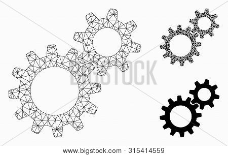 Mesh Reduction Gears Model With Triangle Mosaic Icon. Wire Frame Triangular Mesh Of Reduction Gears.