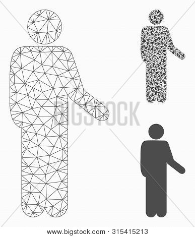 Mesh Relax Standing Pose Model With Triangle Mosaic Icon. Wire Carcass Triangular Mesh Of Relax Stan