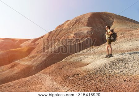 Backpacker Girl Exploring The Mountains. Backpacker Girl Tourist Exploring The Xizi Mountains , Azer