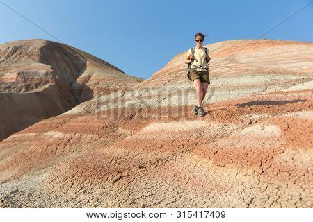 Backpacker Girl Exploring The Mountains. Backpacker Girl Tourist Exploring The Xizi Mountains , Azer