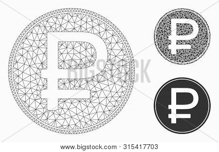 Mesh Rouble Coin Model With Triangle Mosaic Icon. Wire Carcass Polygonal Mesh Of Rouble Coin. Vector