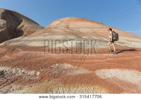 Backpacker Girl Exploring The Mountains. Backpacker Girl Tourist Exploring The Xizi Mountains , Azer