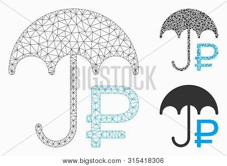 Mesh Rouble Umbrella Model With Triangle Mosaic Icon. Wire Frame Polygonal Mesh Of Rouble Umbrella. 