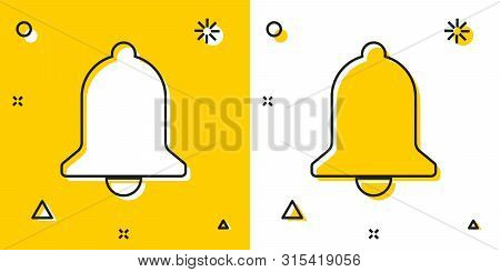 Black Ringing Bell Icon Isolated On Yellow And White Background. Alarm Symbol, Service Bell, Handbel