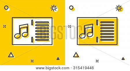 Black Music Book With Note Icon Isolated On Yellow And White Background. Music Sheet With Note Stave