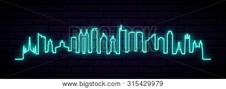 Blue Neon Skyline Of Manila City. Bright Manila Long Banner. Vector Illustration.