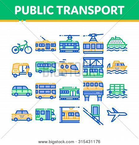 Collection Public Transport Vector Line Icons Set. Trolleybus And Bus, Tramway And Train, Cable Way 