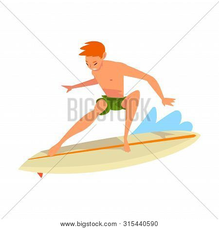 Guy Riding On Ocean Wave, Male Surfer Character In Shorts With Surfboard, Recreational Beach Water S