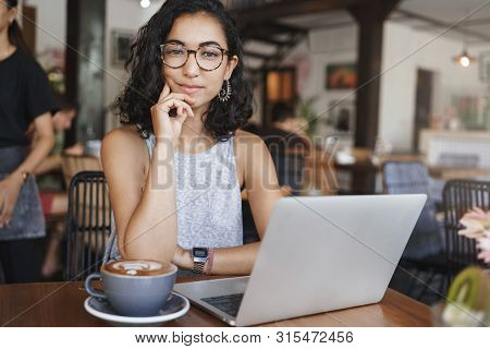 Freelance, E-learning And Business Concept. Attractive Stylish Hipster Girl, Female Student Prepare 