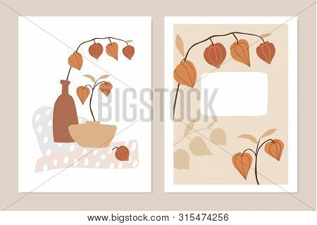 Trendy Set Of Floral Fall Greeting Cards, Invitations. Physalis Fruit, Leaves, Branches And Vase. Ab