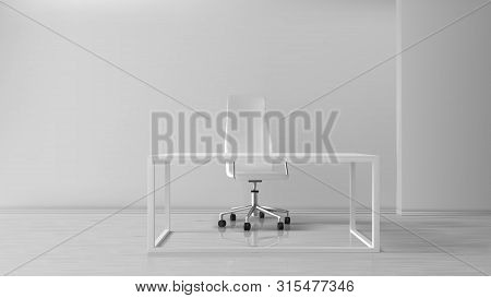 Empty Office Room Interior, Medical Cabinet, Workplace With Desk And Turning Seat. Table And Armchai