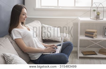 Recruitment Concept. Beautiful Girl Browsing Work Opportunities Online, Using Job Search App Or Webs