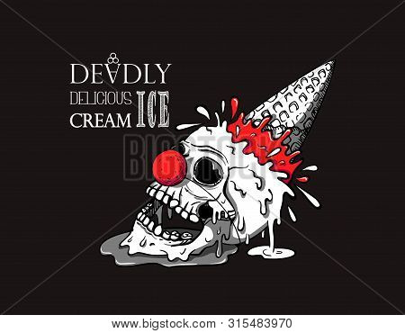 Clown Skull Ice Cream Fell On The Ground, Waffle Cone Sticking Up And Splashes Fly Away, The Ice Cre