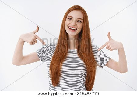 Waist-up Shot Skillful Good-looking Joyful Smiling Redhead Woman Blue Eyes Wearing Summer T-shirt Po