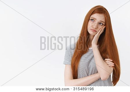 Lonely Sad Cute Redhead Girl Blue Eyes Frustrated Look Upper Left Corner Sorrow Sadness Lean Palm Po