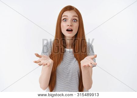 Shocked Unsatisfied Cute Redhead Girl Raise Hands Dismay Questioned Open Mouth Wide Eyes Surprised E