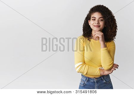 Interesting You Got My Attention. Intrigued Smiling Delighted Young Female Entrepreneur Hear Interes