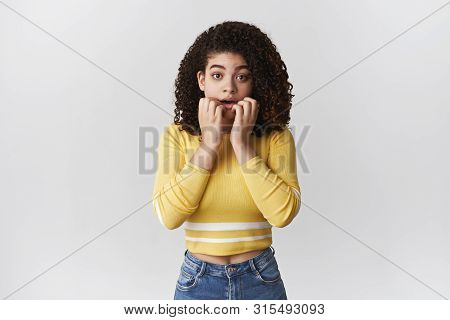 Anxious Unsure Worried Cute Intense Attractive Girlfriend Worry Biting Fingers Stare Camera Watching