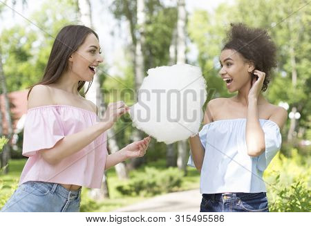 Happy Caucasian And African-american Eating Cotton Candy In The Park