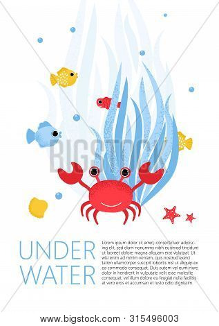 Underwater Banner With Fishes, Crab And Ware In Modern Flat Style. Ocean Animal Character. Isolated 