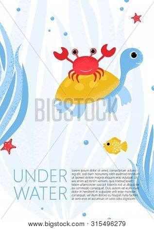 Underwater Banner With Fishes, Crab, Turtle And Ware In Modern Flat Style. Ocean Animal Character. I