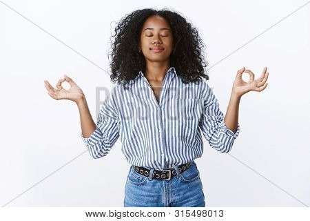 Female Office Worker Meditating During Lunch Keep Feelings Emotions Under Control, Do Breathing Prac