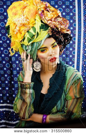 Beauty Bright Woman With Creative Make Up, Many Shawls On Head Like Cubian, Ethno Look Closeup