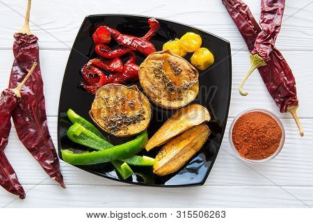 Grilled Batat (swet Potatoes) With Cherries And Fresh Paprika With Spices, Mexican Food On White Tab